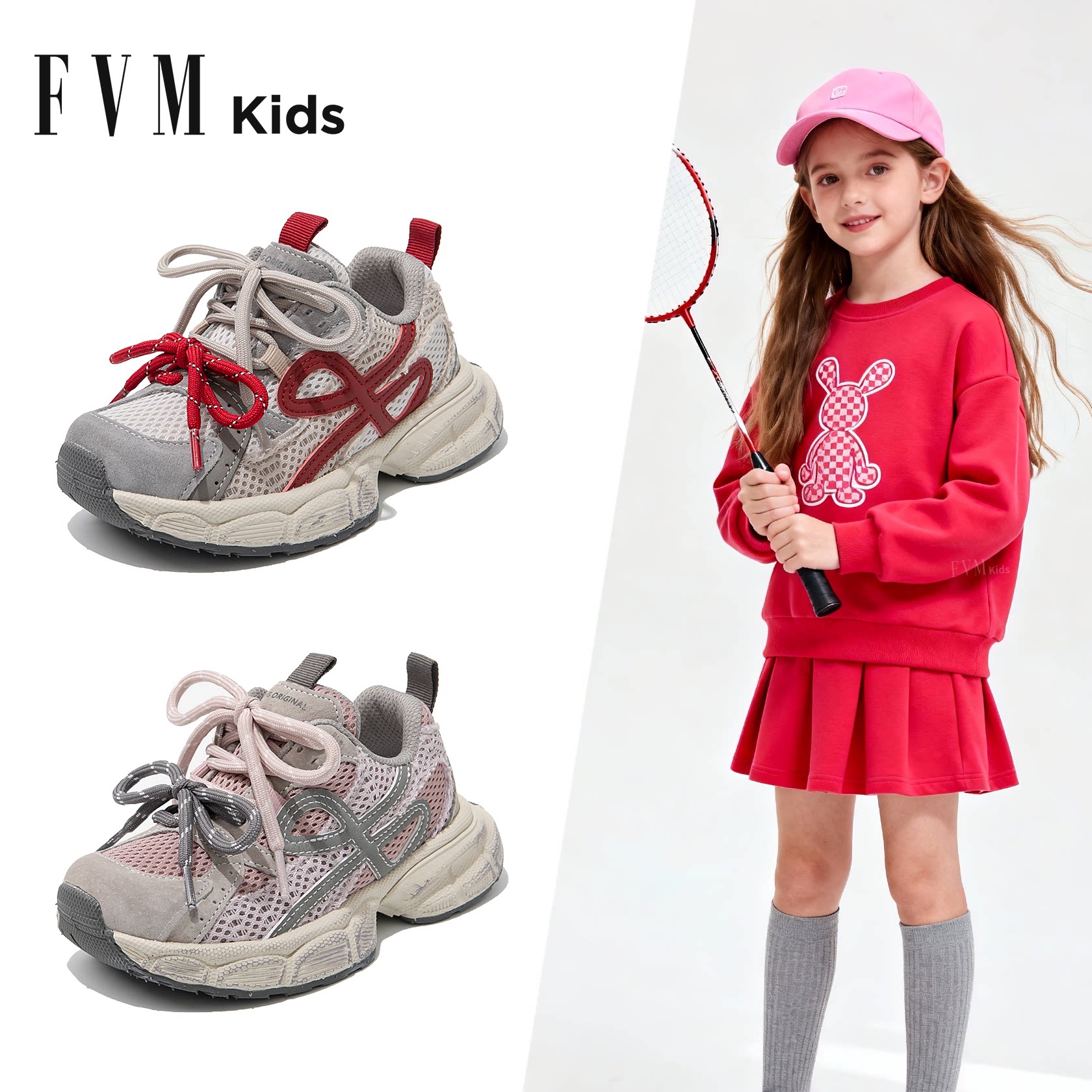 FVM女童鞋子儿童运动老爹网鞋2026新款春季大童轻便女孩跑步软底