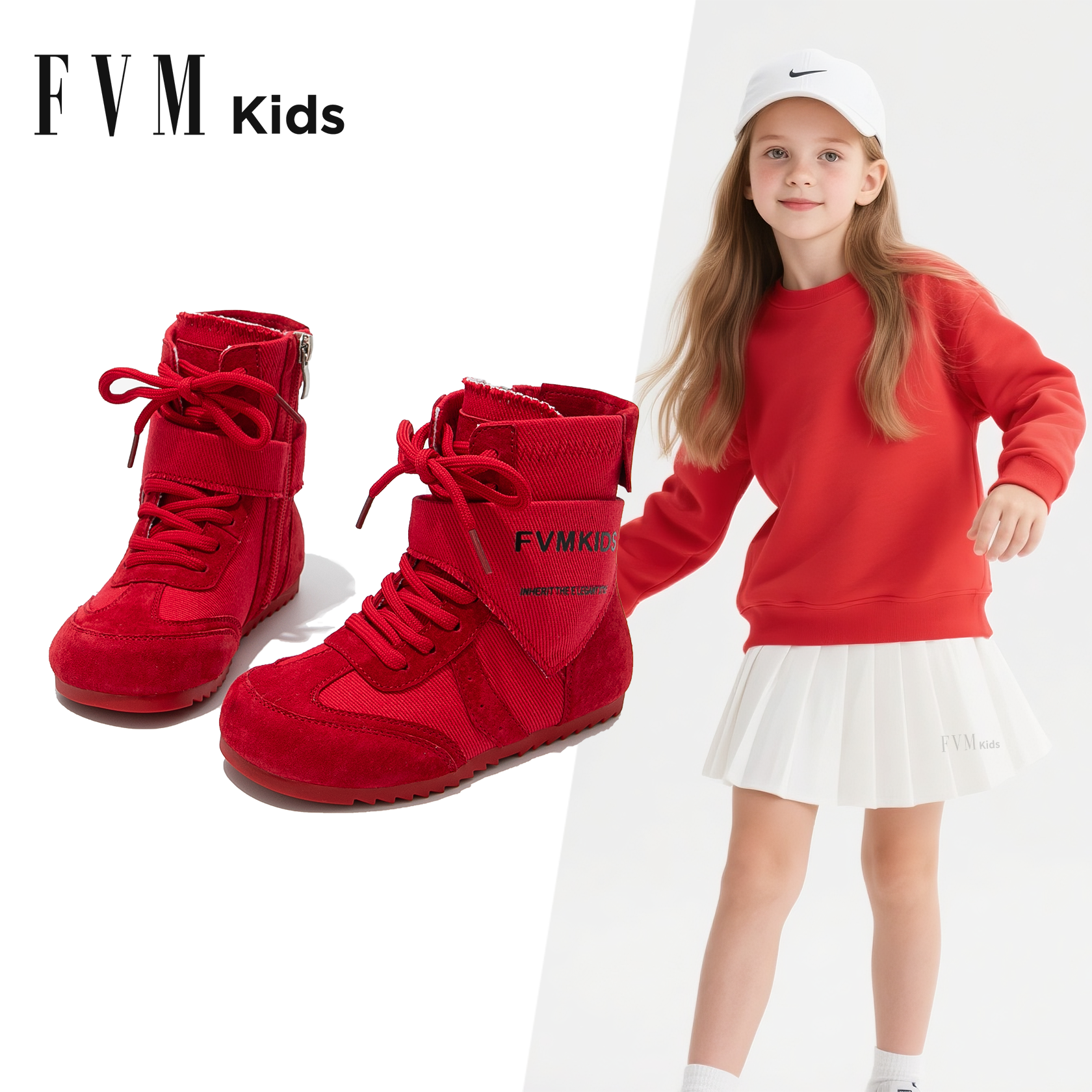 FVM女童靴子儿童红色短靴2025新款秋中筒女孩复古高帮洋气马丁靴