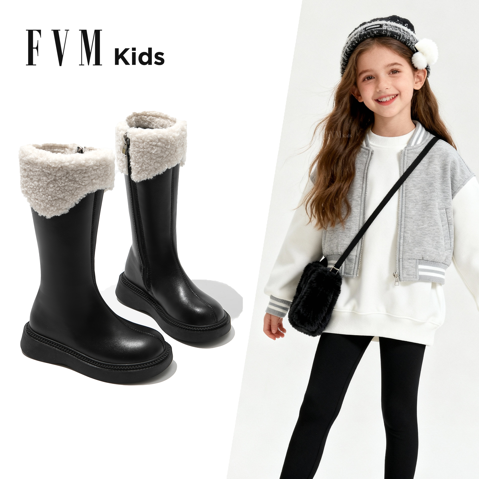 FVM儿童靴子女童高筒靴加绒