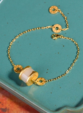 古法s925银镶和田玉白玉路路通手链