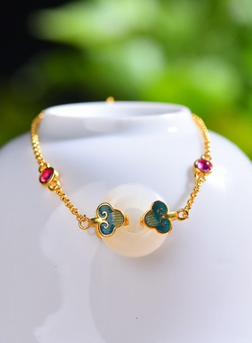 s925银和田玉平安扣手链复古宫廷喜庆精美珐琅彩绘气质高级手饰