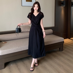 裙子 加肥加大码 女装 夏季 高级感V领正肩连衣裙胖MM收腰显瘦飞飞袖
