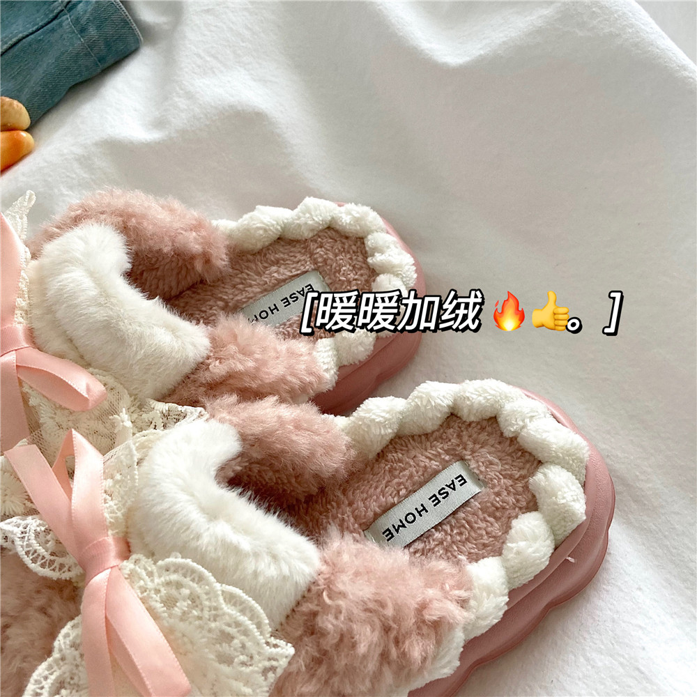 蕾丝蝴蝶结棉拖鞋女士冬季可爱女