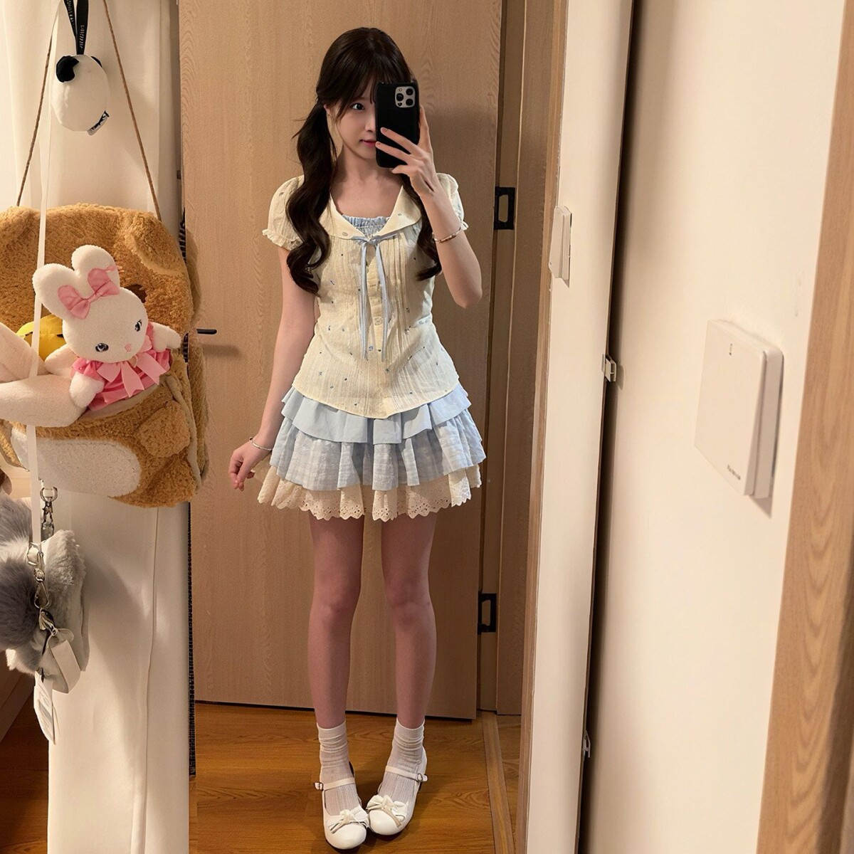 学院风甜美假两件碎花套