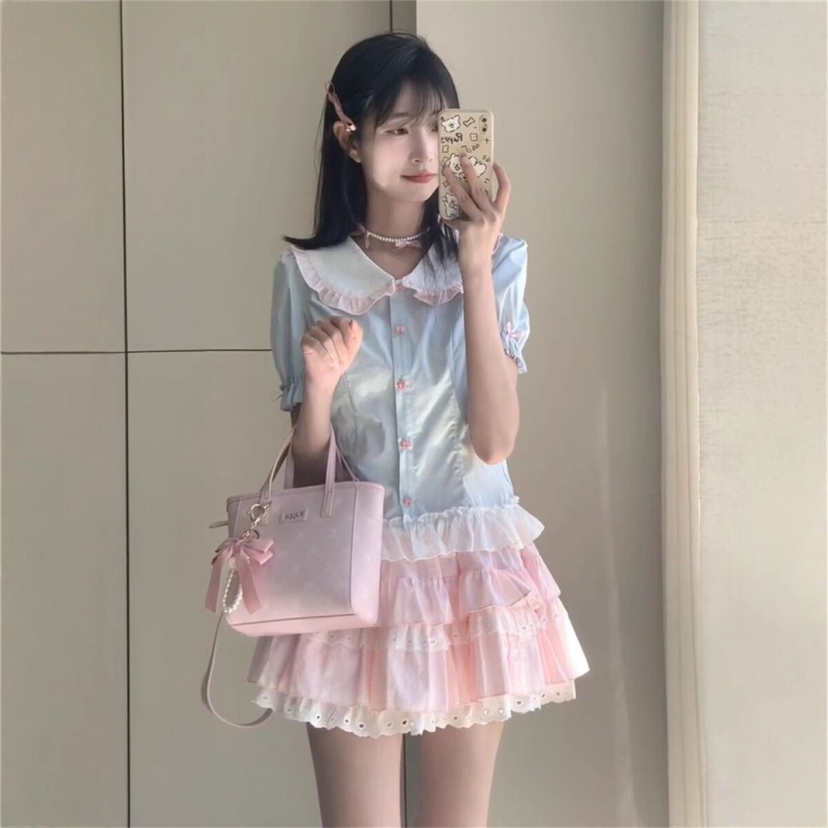 法式可爱学院风蓝撞粉色