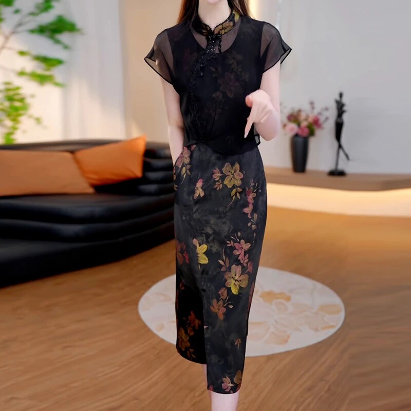 轻薄立领披肩搭连衣裙女2026年夏季修身显瘦减龄遮肚中长款裙子