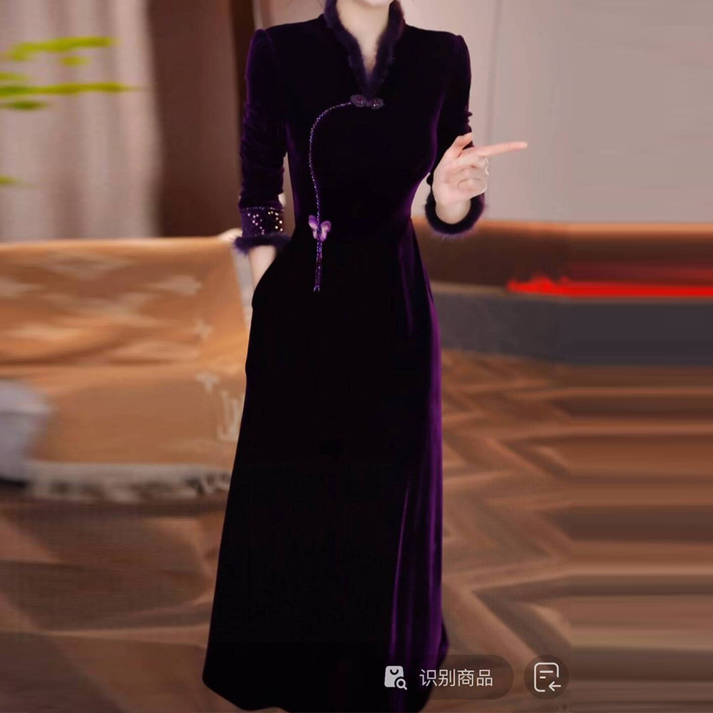 时尚精致名媛连衣裙女2025年秋冬季修身显瘦减龄遮肚中长款A字裙