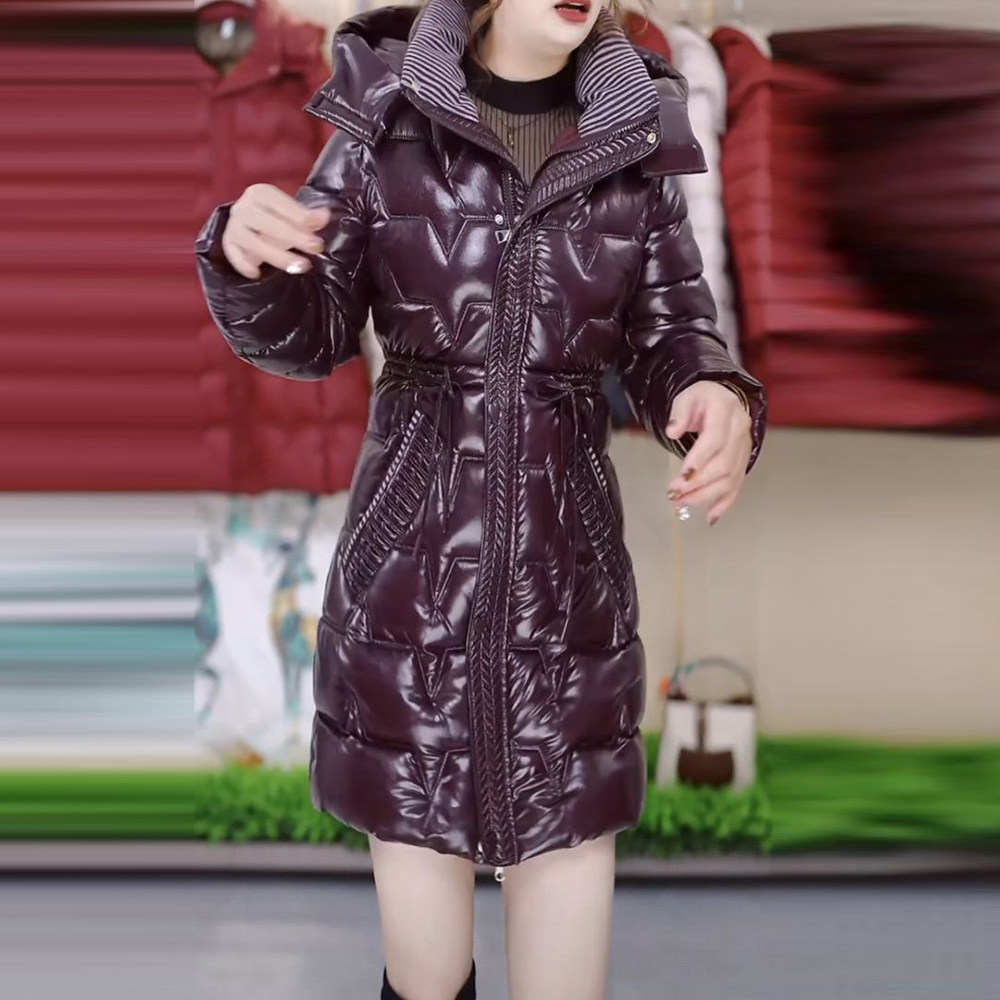 高级优雅亮面免洗棉服女2025冬季修身显瘦减龄遮肚中长款保暖外套