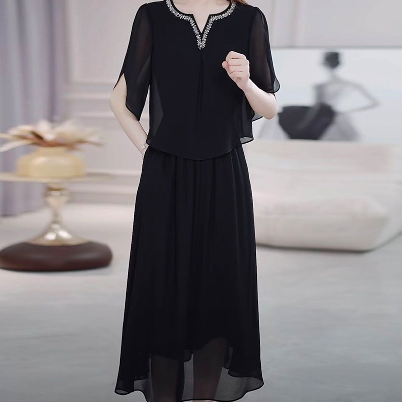 高级冰丽丝气质优雅假俩件礼服裙2025夏季新款显瘦遮肉纯色连衣裙