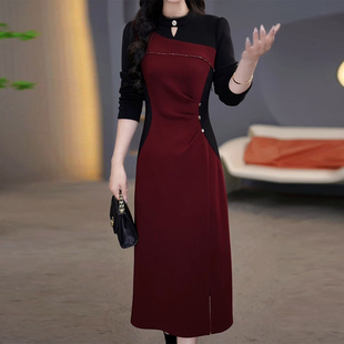 洋气精致高级感拼接连衣裙女2025年秋冬季修身显瘦减龄中长款裙子