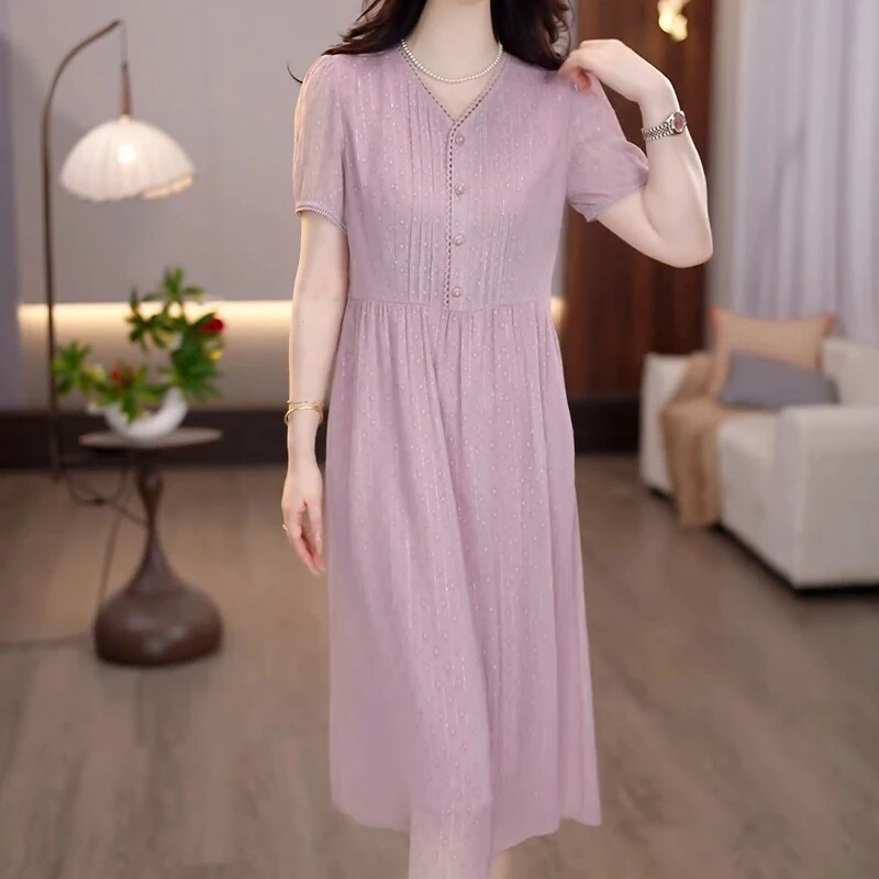 甜美浪漫风轻薄连衣裙女2026年夏季修身显瘦减龄遮肚中长款裙子