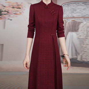 长袖改良旗袍连衣裙女2026年春秋新款喜婆婆妈妈婚宴礼服裙M-4XL
