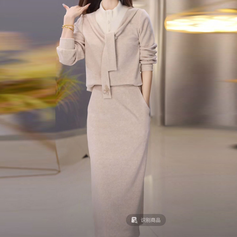 气质贵夫人拼接小衫搭半身裙女2025年秋季修身显瘦减龄中长款裙子