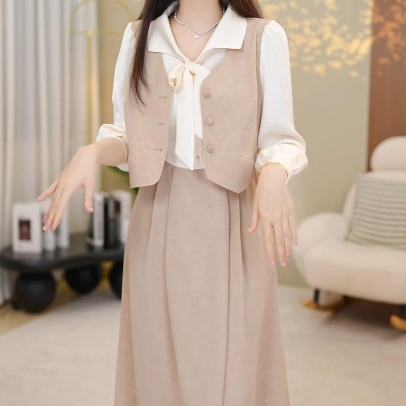 小香风假两件气质连衣裙女2026秋季新款妈妈装修身显瘦中长款裙子