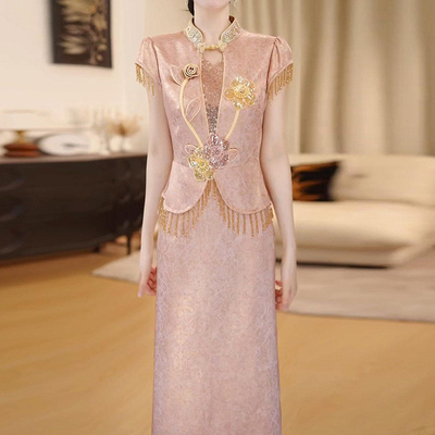 中式高端复古气质刺绣立领连衣裙