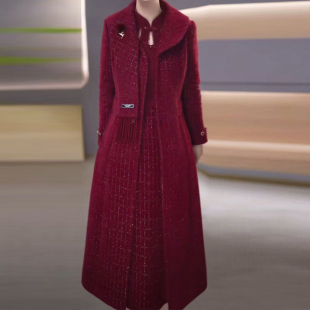 套装 显瘦减龄遮肚中长款 修身 气质北极绒大衣搭连衣裙女2025秋冬季