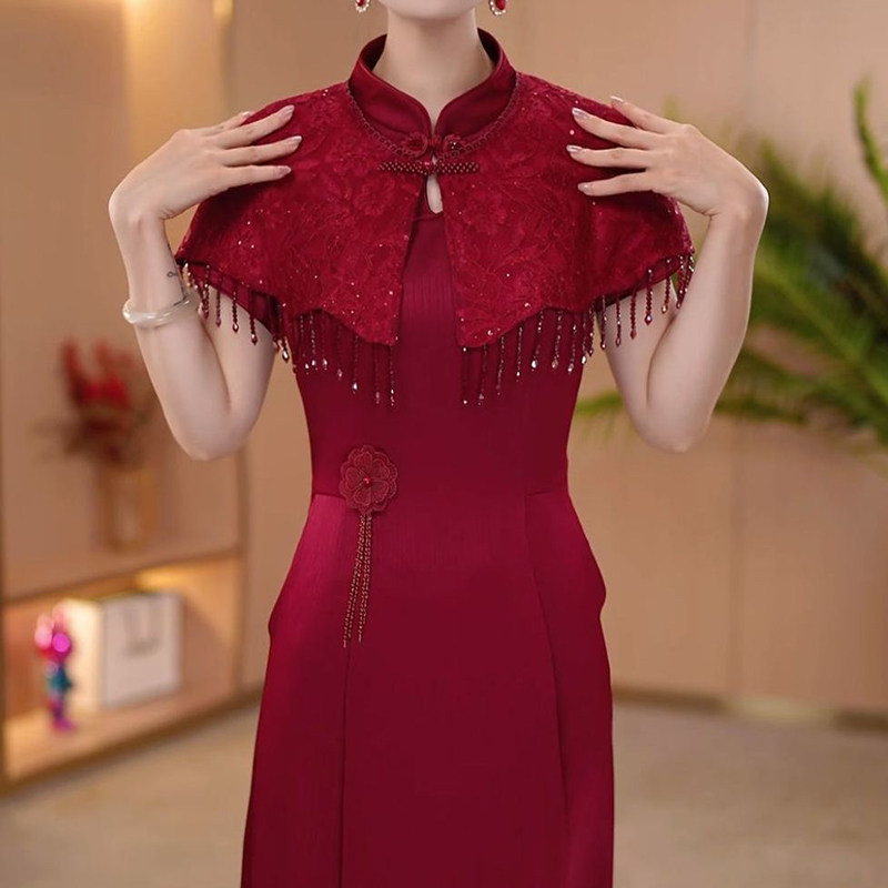 新中式婚宴珍珠缎两件套披肩改良版旗袍连衣裙2026夏新款气质裙子