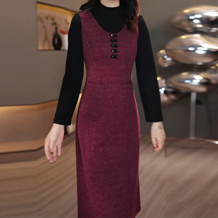 洋气优雅高级感拼接连衣裙女2025年秋冬季修身显瘦减龄中长款裙子