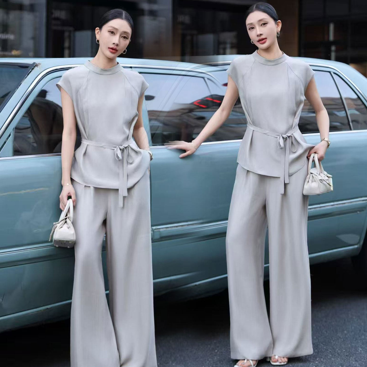 时尚贵夫人系带上衣搭阔腿裤女2026年夏季休闲显瘦减龄遮肉两件套