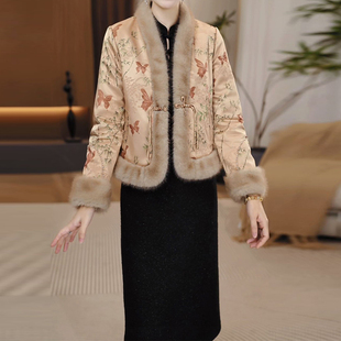 慕尧方2025冬季新中式带毛领贵气轻奢国风提花两件套装
