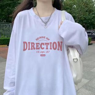 秋季新款白色长袖t恤女2023韩版学生宽松圆领外穿上衣薄款打底衫