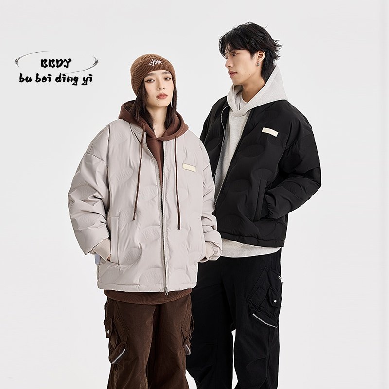 美式棒球服外套男潮牌羽绒服棒球领冬季宽松白鸭绒飞行员夹克情侣