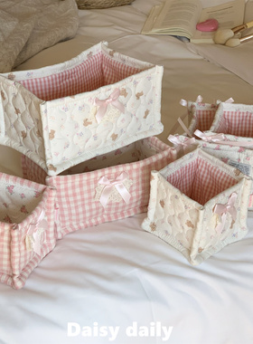 桌面收纳筐方形手工条纹绗缝新款整理盒布艺杂物收纳玄关大容量筐