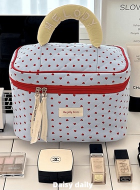 蓝色爱心三件套可爱少女心大容量手提化妆包女护肤品收纳袋洗漱包