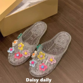 凉鞋 包头外穿女鞋 女平底透明半拖夏季 软底凉拖鞋 小花果冻鞋 水晶鞋