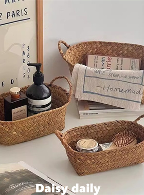 ins草编手提收纳筐桌面零食杂物整理收纳盒置物篮编织储物篮子