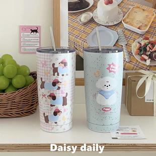 可爱薄荷绿腊肠小狗保温杯不锈钢咖啡保温杯吸管大容量高颜值水杯