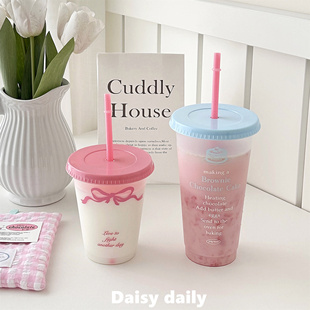 自制韩风可爱粉色蝴蝶结大容量吸管杯可循环使用塑料耐高温咖啡杯