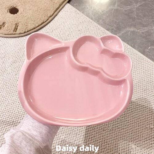 可爱粉色立体猫咪陶瓷餐具盘分格盘西餐盘宝宝饭盘菜盘早餐餐具盘