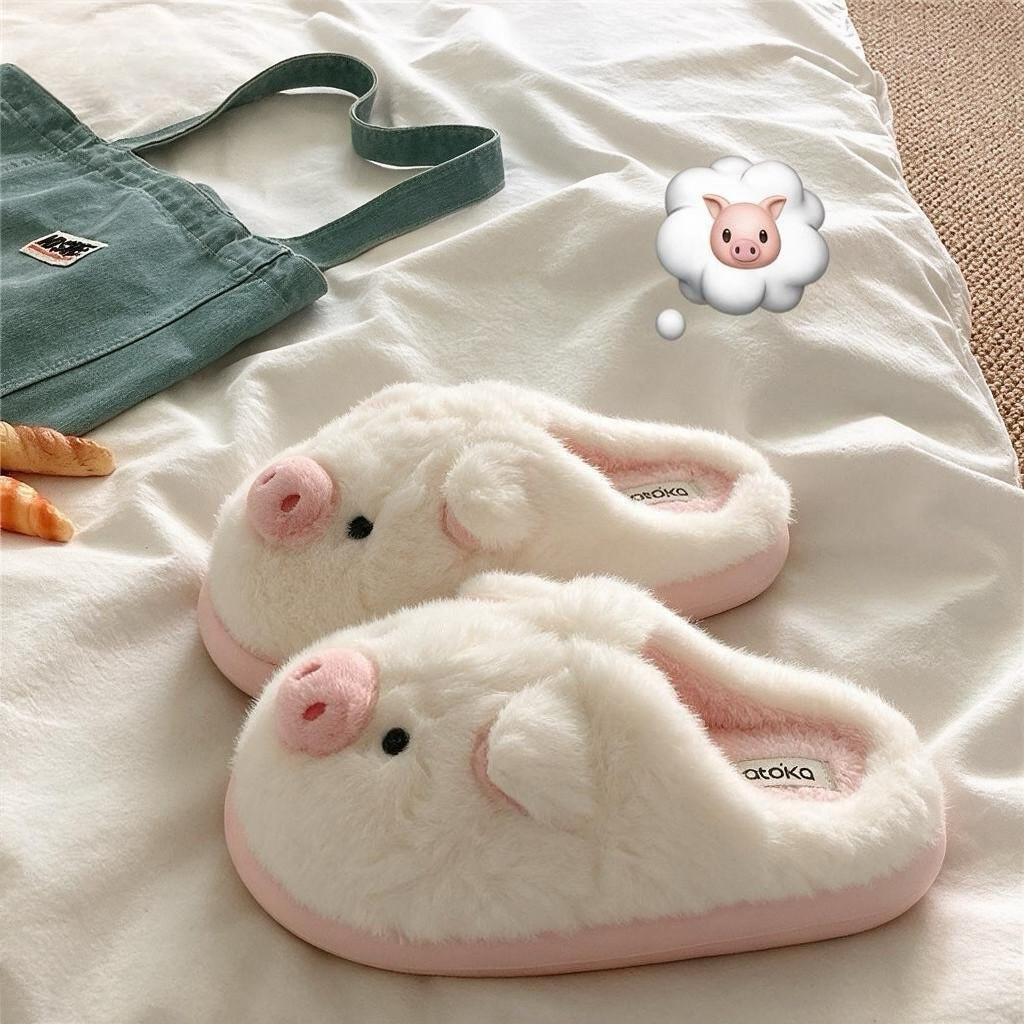 粉鼻子猪猪~！可爱ins加绒保暖居家厚底加绒棉拖鞋女冬季毛毛拖鞋图片