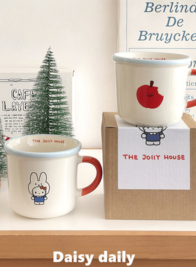 自制!蓝边卡通把手杯可爱苹果陶瓷马克杯校园水杯咖啡杯早餐杯子