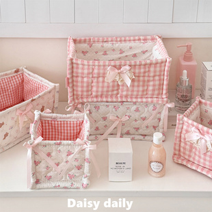 新款 粉系绗缝收纳筐ins长方形桌面整理收纳盒可爱杂物零食整理篮