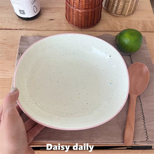 ins风粉边泼墨彩点陶瓷盘蛋糕意面深盘家用菜盘早餐盘博主拍照