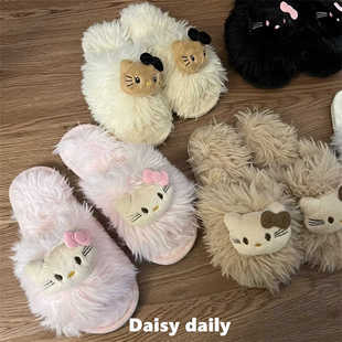 炒鸡辣妹猫咪炸毛拖鞋 高颜值可爱洋气轻便露趾平底棉拖毛毛鞋