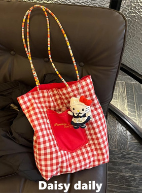 红色格子帆布包大容量便携韩系慵懒风通勤外出百搭手提单肩托特包