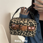 黑皮豹纹猫咪新款 大容量手提包化妆包便携洗漱收纳包旅行帆布包