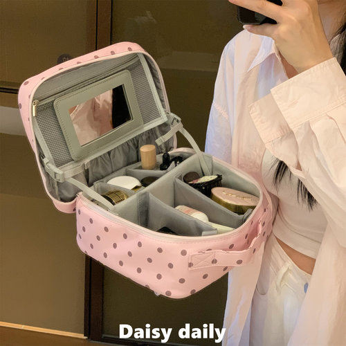 少女粉波点化妆包女高颜值外出便携洗漱包多功能防水分区手提包袋