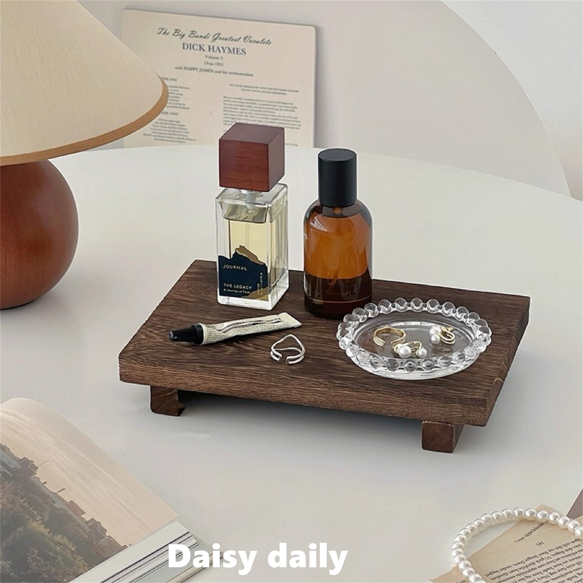 ins复古实木置物架桌面化妆品香水整理收纳架木质首饰展示收纳盘