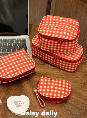 红色格纹化妆包便携式外出旅行大容量洗漱收纳袋化妆品收纳包包
