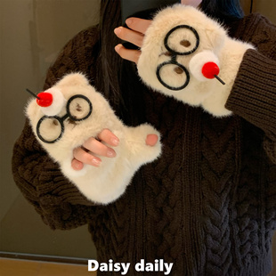 可爱猫咪毛绒半指翻盖手套女秋冬季 加绒加厚保暖学生写字骑车防寒