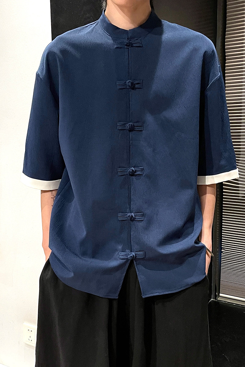 5色夏季2025冰丝抗皱盘扣男短袖衬衫/衬衣A8001*p40,男装T恤,钱塘7008(原4008)