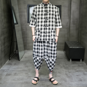 A3025*大码2021中国风 棉麻格子 开衫套装 汉服套装p95图片