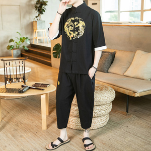 A1040*咖啡厅中国风2021夏款龙凤刺绣 短袖T恤+七分裤套装P100图片