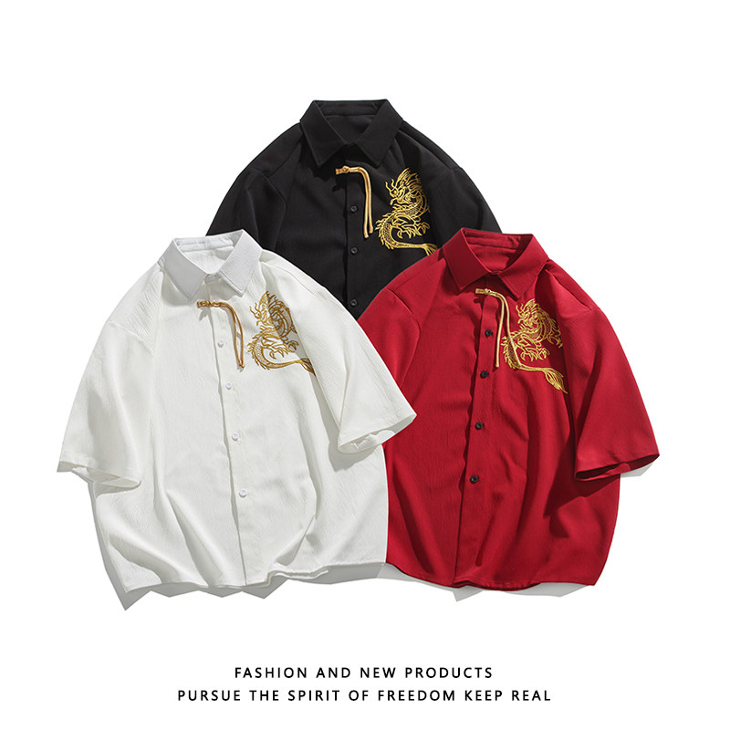 爆3色龙刺绣防皱冰丝夏2026风汉服短袖衬衫/衬衣A818-p68,男装T恤,钱塘7008(原4008)