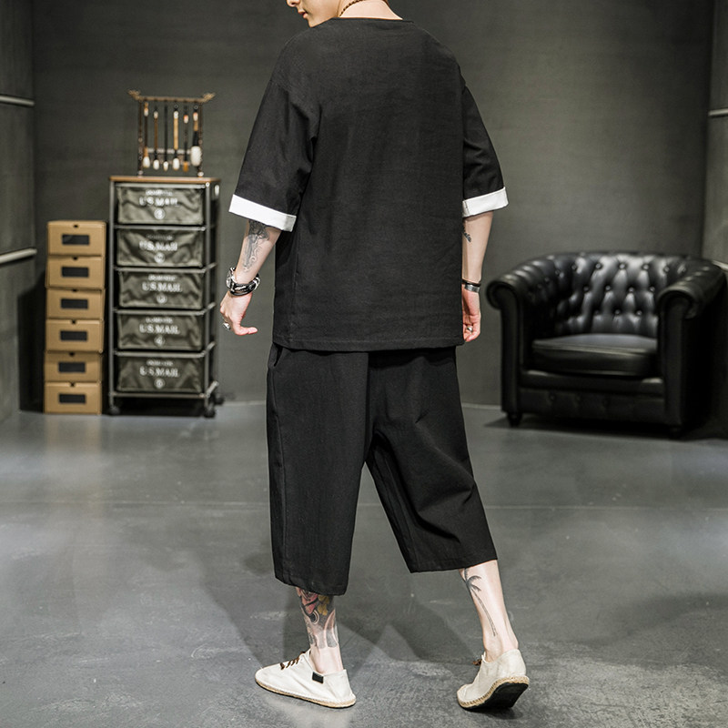 A2035*男新品2021主推夏款荷花莲叶中国风T恤套装P75,男装休闲套装,钱塘7008(原4008)