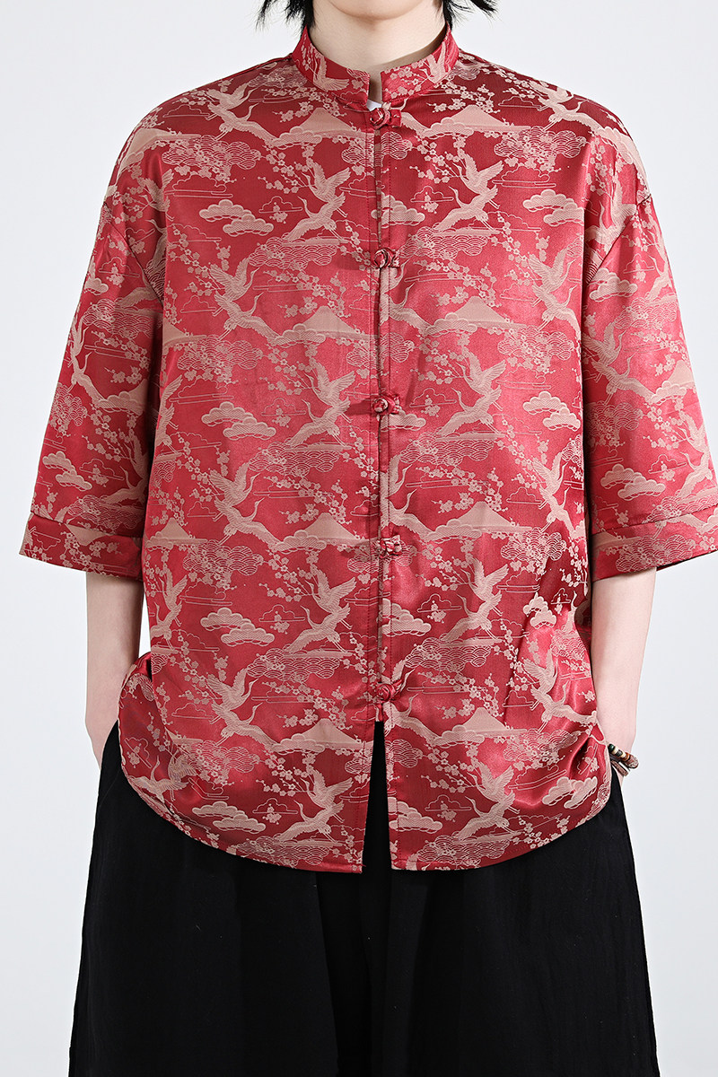 仙鹤提花夏季新品2026风汉服短袖衬衫/衬衣A678-p65,男装T恤,钱塘7008(原4008)
